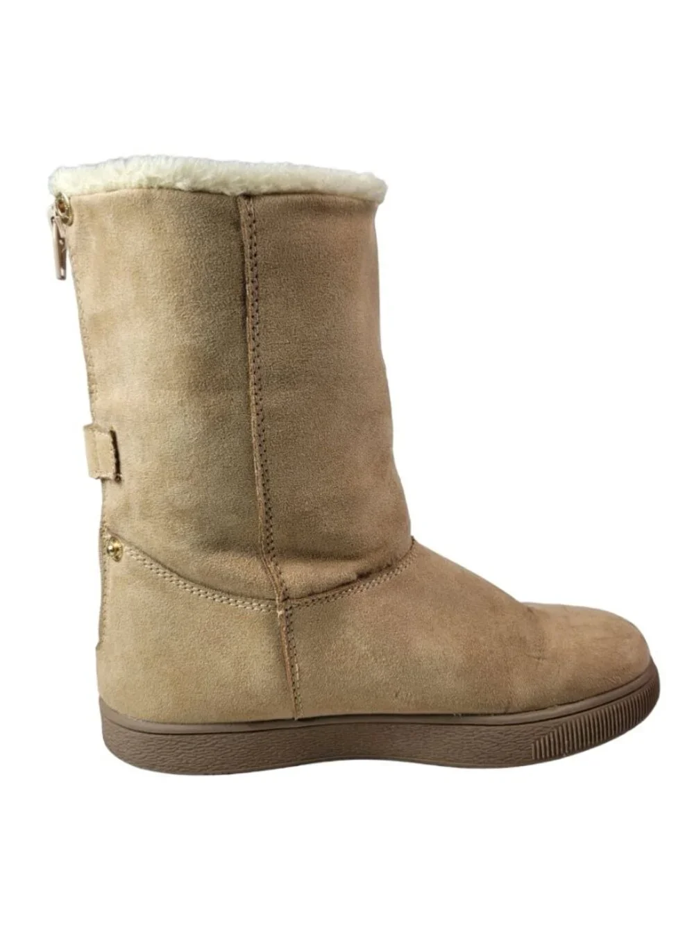 Cat & Jack Girls Fold Down Boots Tan SZ 2 Zip Snap Round Toe Faux Fur Faux Suede